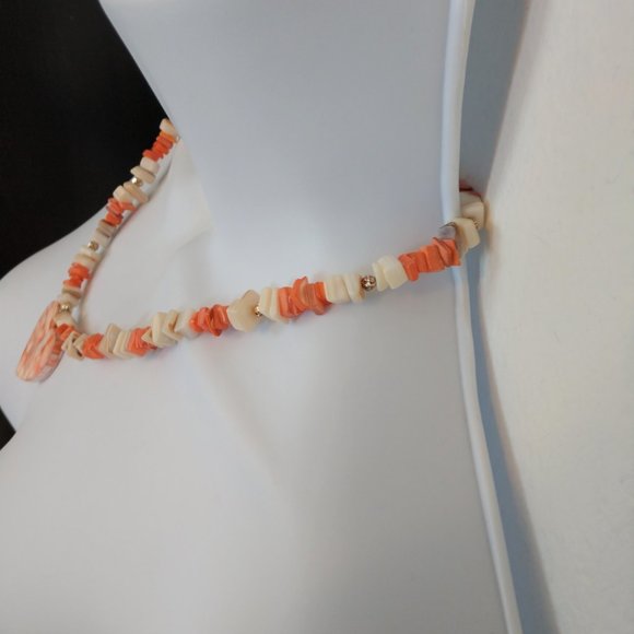 Handmade Valentines Heart Necklace with Peach Coral White Shell Beads 19 Inch - Picture 5 of 16